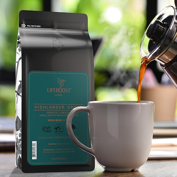 Lifeboost Highlander Grogg Whole Bean Coffee - Non-GMO Low Acid Single Origin Flavored Coffee Beans - Third Party Tested For Mycotoxins & Pesticides - 12 Ounces