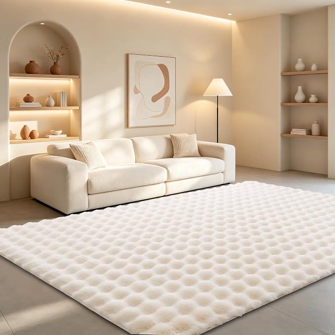 Creamy White Rabbit Plush Rug 5'x7', Fluffy Shaggy Area Rug by CHOVY