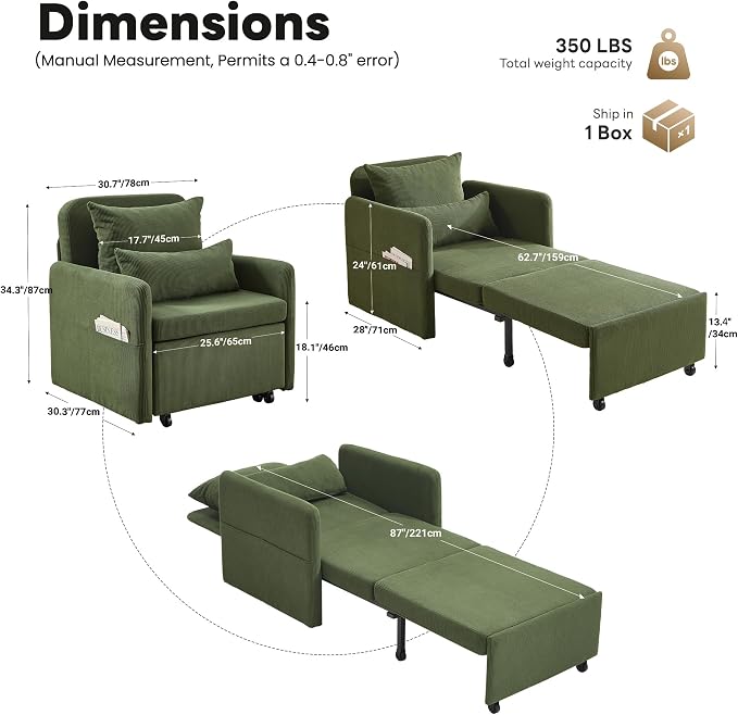 Iroomy 5-Level Adjustable Convertible Sleeper Chair, 3-in-1 Corduroy Pull Out - Image 3