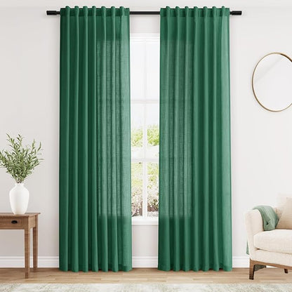 Dark Green Linen Curtains 84 Inch Length 2 Panels Set by Nanspring
