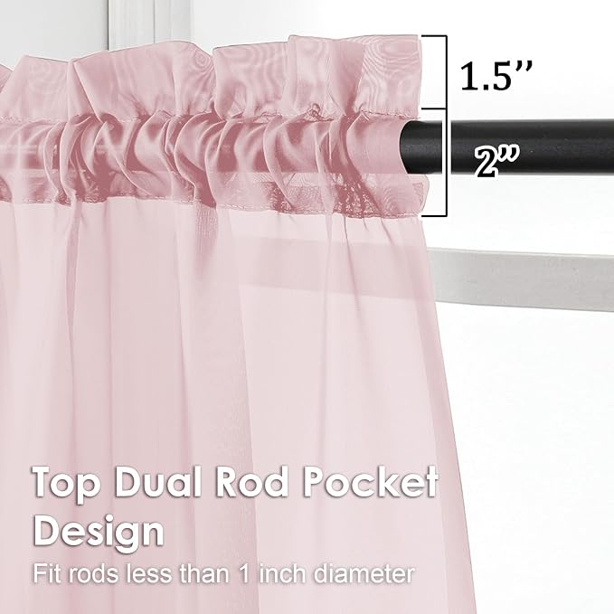Blush Pink Sheer Curtains 36 inch Length 2 Panels Set, Light Filtering Voile - Image 2