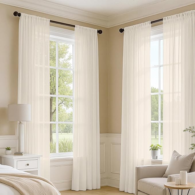 MIULEE Light Beige Sheer Curtains 90 Inches Long 4 Panels 42 x 90 Inches | - Image 2