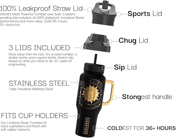Coldest 40 oz Tumbler with Handle and Straw - 100% Leak Proof Insulated Tumbler with Lid and Straw (3 Lids) - Stainless Steel Tumblers for Women & Men - Cup Holder Friendly Base, 46 oz (Zen)