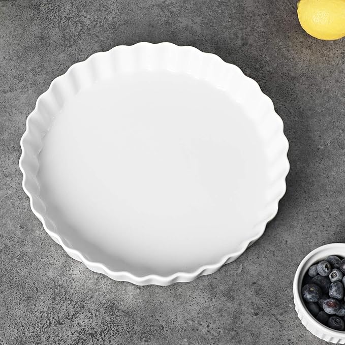 ONTUBE Pie Pans- 11 Inches Ceramic Quiche Pans, Round Pie Tins for Baking,Oven Saf (White,1 Pieces)