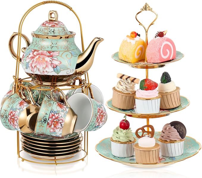 Maxcheck 21 Pcs Tea Party Set for Adults European Floral Tea Set with Metal Holder and 3 Tier Ceramic Cake Stand Porcelain Flower Cup Teapot for Dessert Cupcake(Fresh Style)