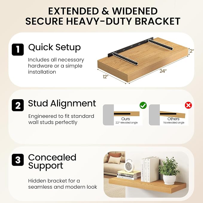 40Inch Oak Floating Shelves for Wall, 12 Inch Deep Shelves for Bedroom - Image 6