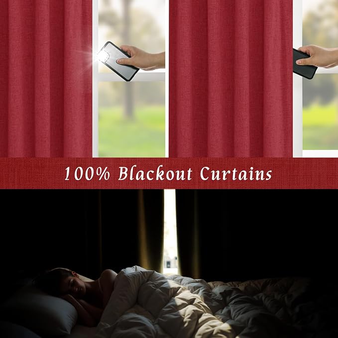 Red 100% Blackout Linen Bedroom Curtains 84 Inch - Image 3
