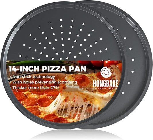 HONGBAKE 14.8 Inch Pizza Pan with Holes, 2 Pack Non-Stick Pizza Pan for Oven, Carbon Steel Perforated Pizza Tray, Crispy Pizza Set, Round Baking Sheet for Frozen & Homemade Pizza, Grey