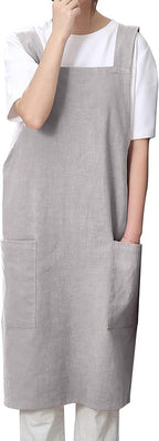 Soft Cotton Linen Apron for Women - Non-tie Cross Back Apron with Pockets, Great for Florist and Kitchen