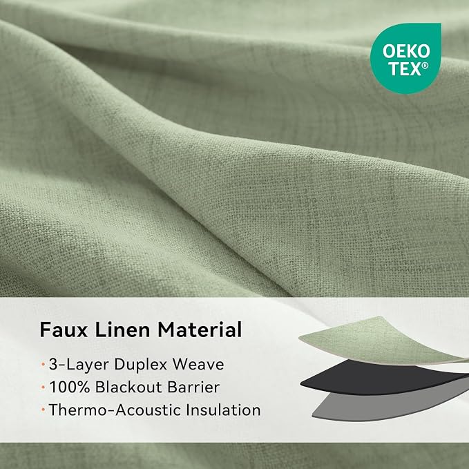 100% Blackout Linen Textured Curtains 80 Inch Long, Sage Green | 100% Blackout - Image 5