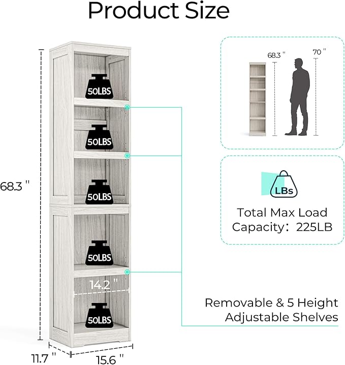 LINSY HOME 5-Shelf Bookcase, Narrow Bookshelves Floor Standing Display Storage - Image 3