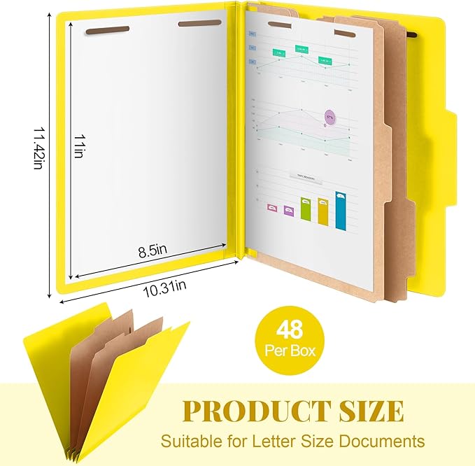 48 Pcs Classification Folders Letter Size, 2 Divider Pressboard File Folders with 3. 5 Inch Expansion, 2 Prongs Fastener, Heavy Duty Office File Organizers for Teachers, Medical (Yellow)