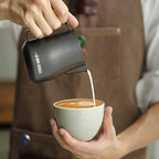 MHW-3BOMBER Milk Frothing Pitcher 12oz Milk Frother Cup Espresso Steaming Pitcher Stainless Steel Milk Frother Cup Barista Latte Art Round Spout Milk Jug, Black P6007MB-OS