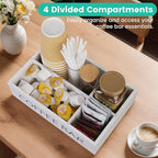 Coffee Bar Organizer – Wooden Coffee Station with 4 Compartments, Removable Dividers, and Condiment Storage for Home & Office