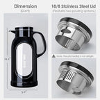 Delove 68 oz/2 Liter Glass Pitcher with Shatterproof Shell - Heat Resistant Glass Liner - Stainless Steel Lid - Carafe & Jug for Iced Tea,Hot/Cold Water,Homemade Juice Beverages (Black)