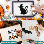 72 PCS 3x3 Inch Halloween Stencils for Painting - Pumpkin, Ghost, Bat, Spider Web Witch Skull Reusable Halloween Painting Templates on Wood, Glass, Fabric, Window Door Decor DIY Decoration