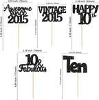 Gyufise 30Pcs Vintage 2015 Cupcake Toppers Glitter Ten Happy 10th Cupcake Picks Cheers to 10 Years Birthday Cake Decorations for Happy 10th Birthday Anniversary Party Supplies Black