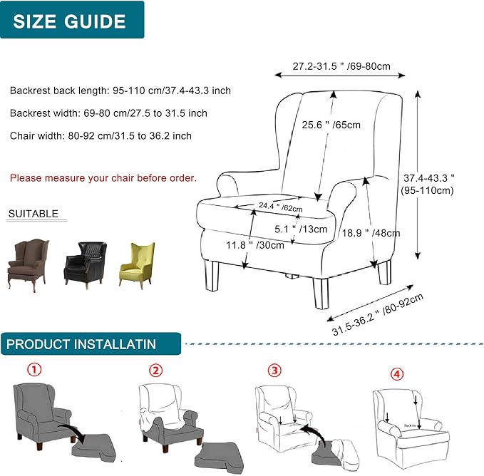 KRFOONN Wingback Chair Cover Slipcovers 2 Piece Stretch Velvet Plush Wing Chair - Image 6