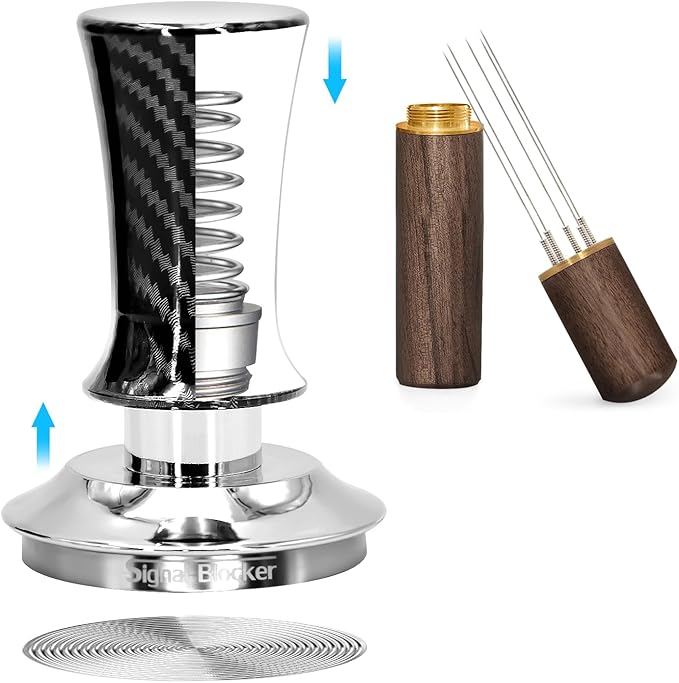58mm Espresso Coffee Tamper for Espresso Machine: Calibrated Spring Loaded & Stainless Steel Ripple Base - Carbon Fiber Handle with Constant 30lb Fits All 58mm Portafilters | Bundle Including WDT Tool