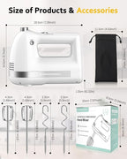 Electric Hand Mixer, Powerful 300W Hand Mixer Electric Handheld with 304 Beaters, Dough Hook,Hand Held Mixer with Turbo for Baking Cakes, Eggs, Cream Food(White)