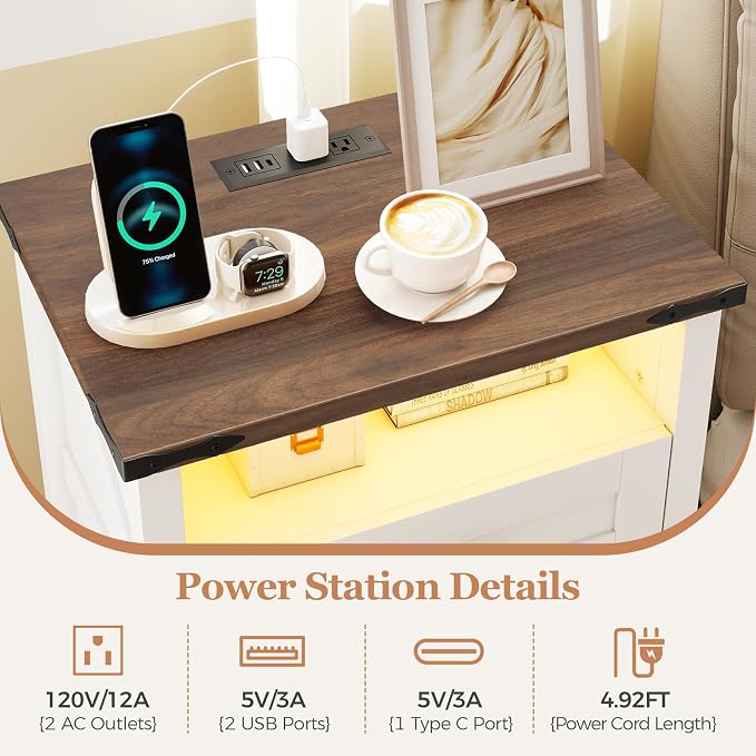 Turosur Night Stand with Charging Station 22" Large Farmhouse Nightstands with - Image 5