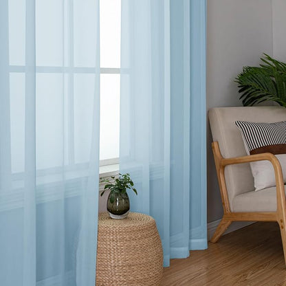 Sky Blue Sheer Curtains 96 Inches Long 2 Panels, Light Filtering Voile Solid - Image 2