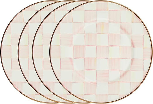 MACKENZIE-CHILDS Enamel Salad and Dessert Plate, Small Plate for Appetizers or Desserts, 8 Inches, Set of 4, Pink-and-White Rosy Check
