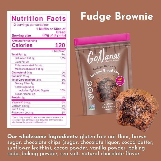 GoNanas Fudge Brownie Oat Flour Banana Bread Mix, Suitable for Plant Based Vegan Diets, Gluten Free Dairy Free Snacks, Healthy Snacks For Adults, Muffin Mix, Nut Free, Cupcakes Dessert, NON-GMO, 4pk