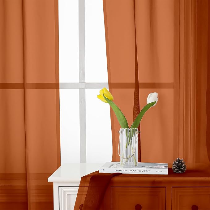 Orange Sheer Curtains 84 Inches Long 2 Panels Set, Rod Pocket Transparent - Image 3