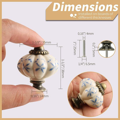 Ivory & Blue Pumpkin Knobs 2 Pack Ceramic Cabinet Knobs Vintage Drawer Pulls - Image 4