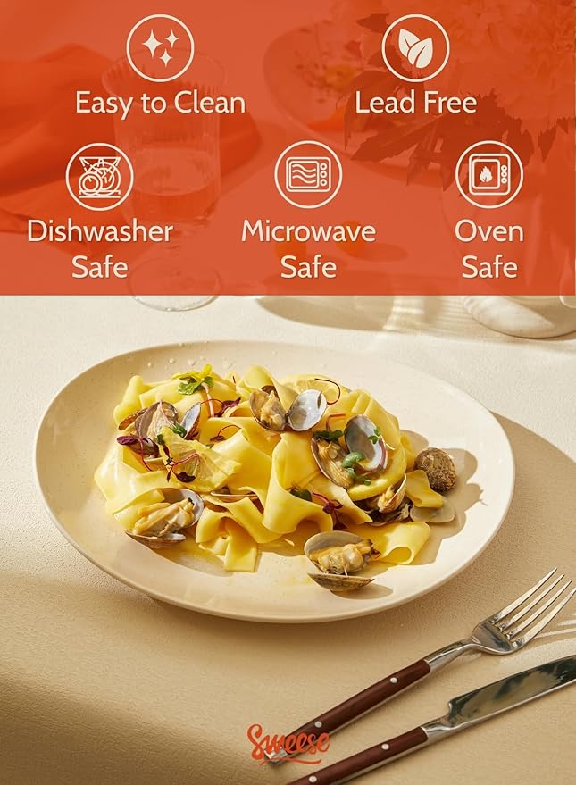 Sweese 11 Inch Porcelain Dinner Plates, Set of 6 - Beige, Vitrified China, Curve Collection, Dishwasher Microwave Safe