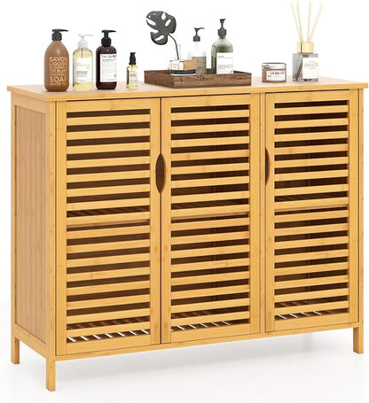 Giantex Bamboo Bathroom Storage Cabinet, 3-Door Storage Organizer by Giantex