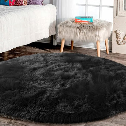 Latepis Black Round Area Rug 8ft Large Circle Fuzzy Shag Rug Washable Sheepskin by Latepis