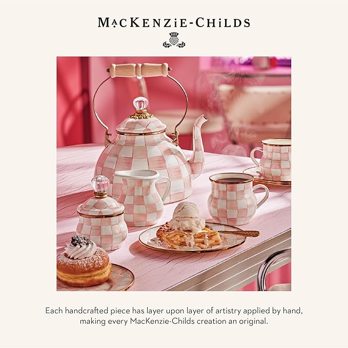 MACKENZIE-CHILDS Enamel Pie Plate, Ovenproof Pie Pan for Cooking and Serving, Pink-and-White Rosy Check