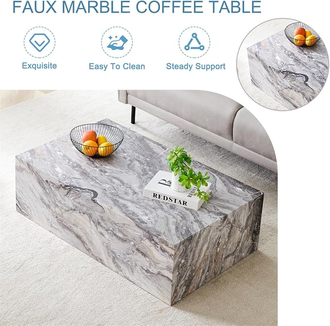 Coffee Table, Modern Faux Marble Living Room Table in Grey - Image 5