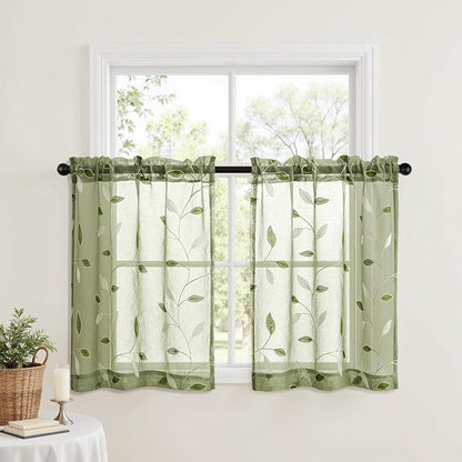 MIULEE Sage Green Sheer Curtains 2 Panels Leaf Patterned, W30 x L24 | - Image 2