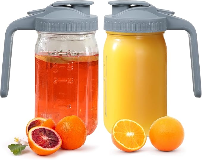Glass Tea Pitcher with Wide Mouth Airtight Lid Leak Proof Fridge Container with Gray Lid Mason Jar for Water, Tea,Juice and Drinks (2 Pack-32OZ)