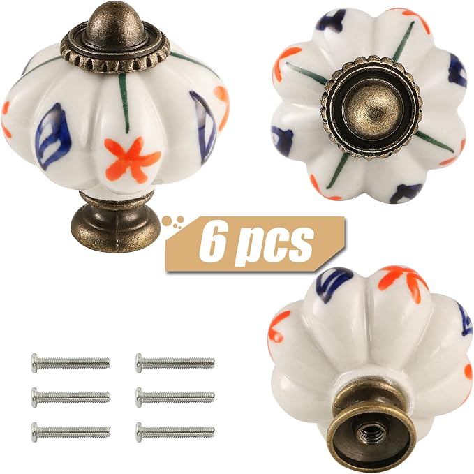 Ivory Pumpkin Knobs 6 Pack Ceramic Cabinet Knobs Vintage Drawer Pulls - Image 2
