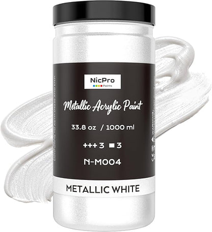 Nicpro Metallic Pearl White Acrylic Paint 33.8oz/1000ml, Non Toxic Pearlescent by Nicpro