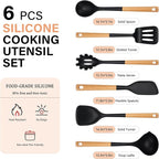 Silicone Cooking Utensils Set, Heat Resistance Large Kitchen Utensils Set with Long Wooden Handle, BPA-free Silicone Spatula, 6 Pcs Cooking Spoons for Non Stick Frying Pans and Pots（Black）