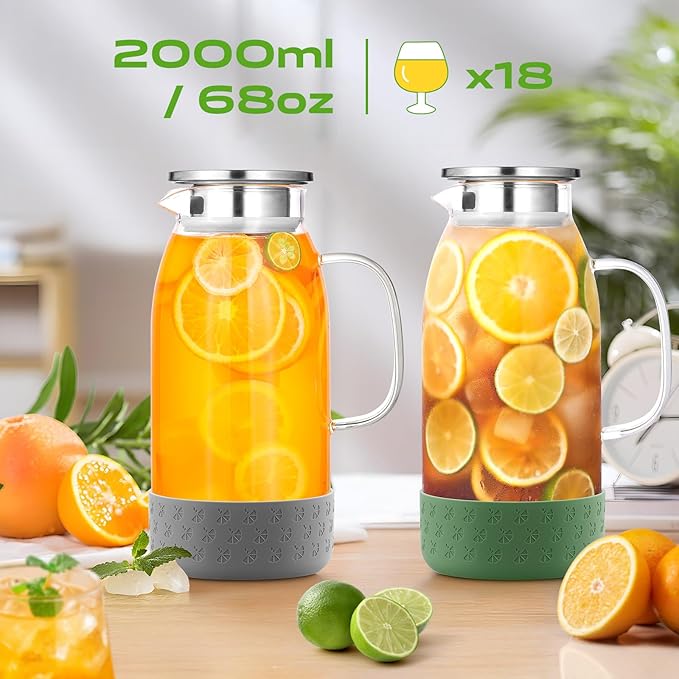Glass Pitcher with Lid, ZBUFAN 68oz/2 Liter Glass Water Pitcher with Handle and Lid, Anti-Slip Base Juice Jug for Ice Tea, Sun Tea, Sangria, Lemonade Fridge Pitchers for Drinks Green