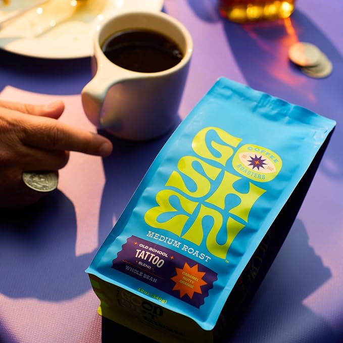 Goshen Coffee Roasters Whole Bean Old School Tattoo House Blend | Medium Roast, Brewed or Espresso | Award-Winning, Natural and Washed | Caramel, Nutty, Orange Flavors | 2 Lb Bag