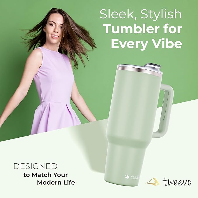 40 oz Tumbler With Handle and Straw Made of Stainless Steel - Double Wall Vacuum Insulated Tumbler With Lid - Sweat Proof Easy Grip, BPA-Free, Dishwasher Safe Tumbler (Sea Sage)