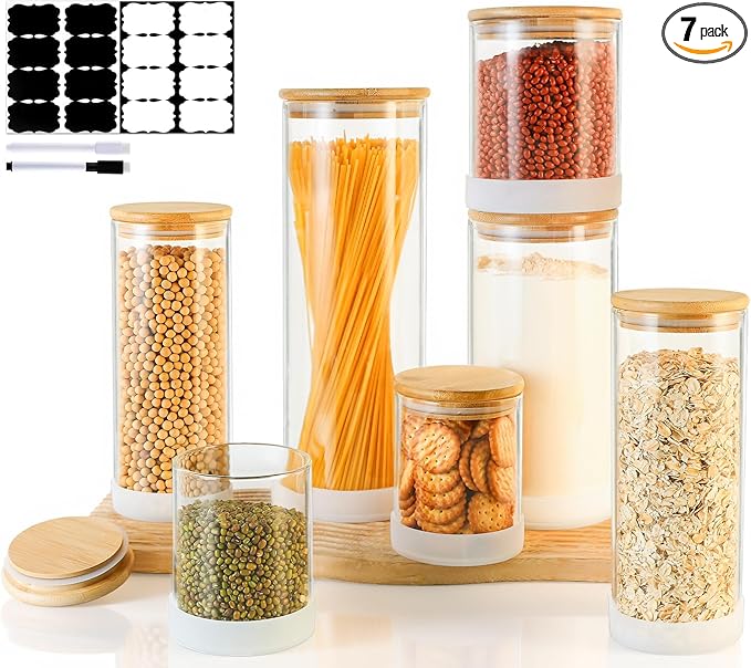 Glass Storage Containers with Bamboo Lids – 7 Pack Airtight Clear Glass Jars in Mixed Sizes (17oz/25oz/34oz/53oz/73oz) for Pantry Organization, Kitchen Dry Food, Coffee, Flour, Pasta & Snacks