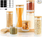 Glass Storage Containers with Bamboo Lids – 7 Pack Airtight Clear Glass Jars in Mixed Sizes (17oz/25oz/34oz/53oz/73oz) for Pantry Organization, Kitchen Dry Food, Coffee, Flour, Pasta & Snacks