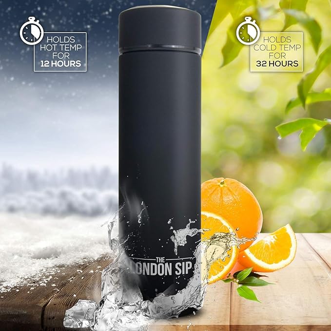 London Sip Multi-Purpose Travel Mug and Tumbler Fruit Infused Flask Hot and Cold Double Wall Stainless Steel Thermos with Extra-Long Infuser, Zen Black, Pack of 2