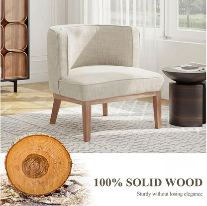 Beige Barrel Chair with Solid Wood Frame, Small Round Accent Chair, Comfy Linen - Image 5