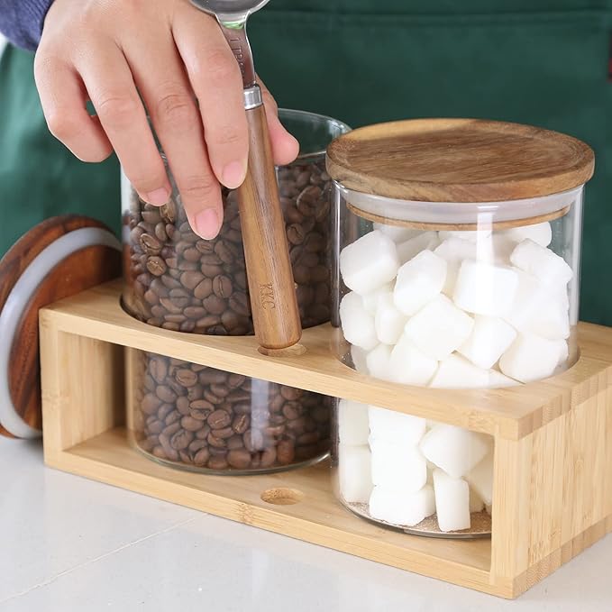 KKC HOME ACCENTS Clear Borosilicate Glass Glass Storage Jars with Airtight Wood Lids,Air Tight Sealed Wooden Top Glass Jars with Spoon for Coffee,Tea,Sugar, 25 OZ (750 ml)