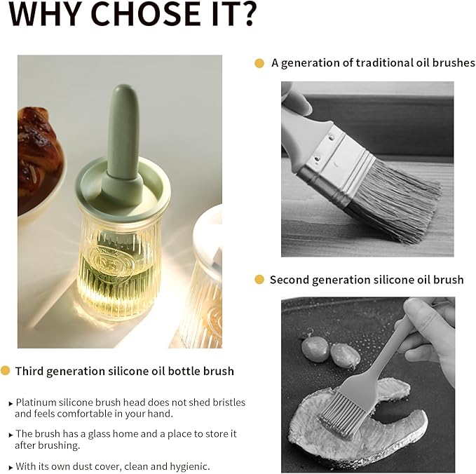 Oil Dispenser with Brush - Glass Olive Oil Dispenser for Kitchen, 3 IN 1 Oil Dispenser Bottle with Silicone Basting Brush for Cooking Vinegar Sauce BBQ Grill Frying (Brown)