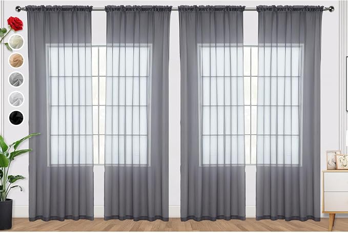 SpaceDresser Grey Sheer Curtains 4 Panels Rod Pocket Semi-Sheer Curtain 54 by SpaceDresser